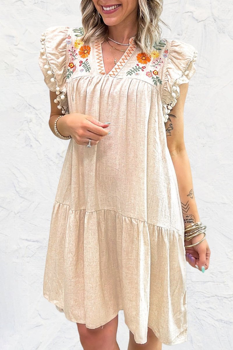 Floral Embroidery Pom Pom Ruffle Sleeves Mini Dress - New Arrivals
